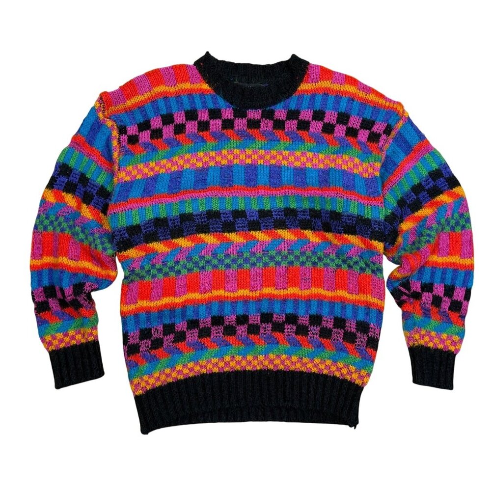 Vintage Ashleigh Morgan Womens Sweater M Funky Multicolor Striped Acrylic Knit 9